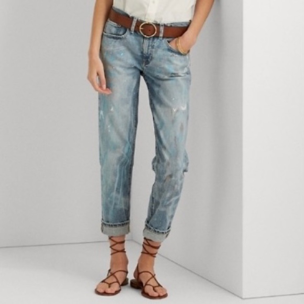 Lauren Ralph Lauren Paint Splatter Jeans Relaxed Tapered Saint Tropez Wash.